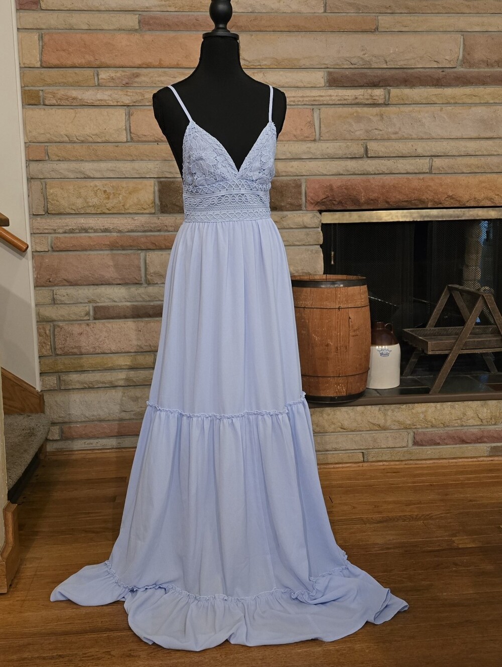 Light Blue Lace Bodice Maxi Dress with Spaghetti Straps